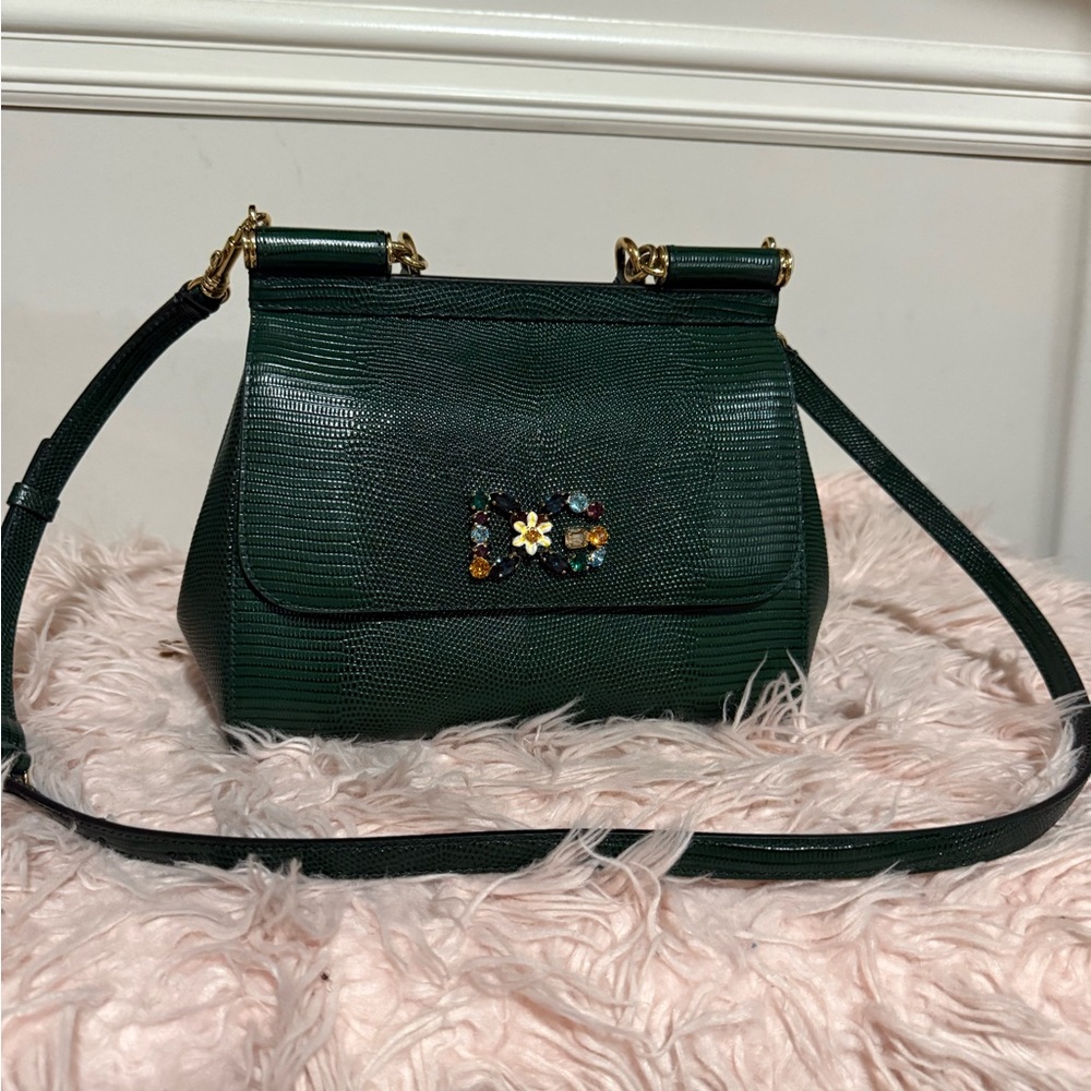 Dolce & Gabbana Glossy Green Lizzard Embossed Leather Handle Bag